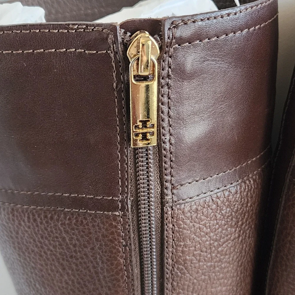 Tory Burch Julian Riding Boot Brown Leather Knee High Gold Logo Buckle Women 6.5
